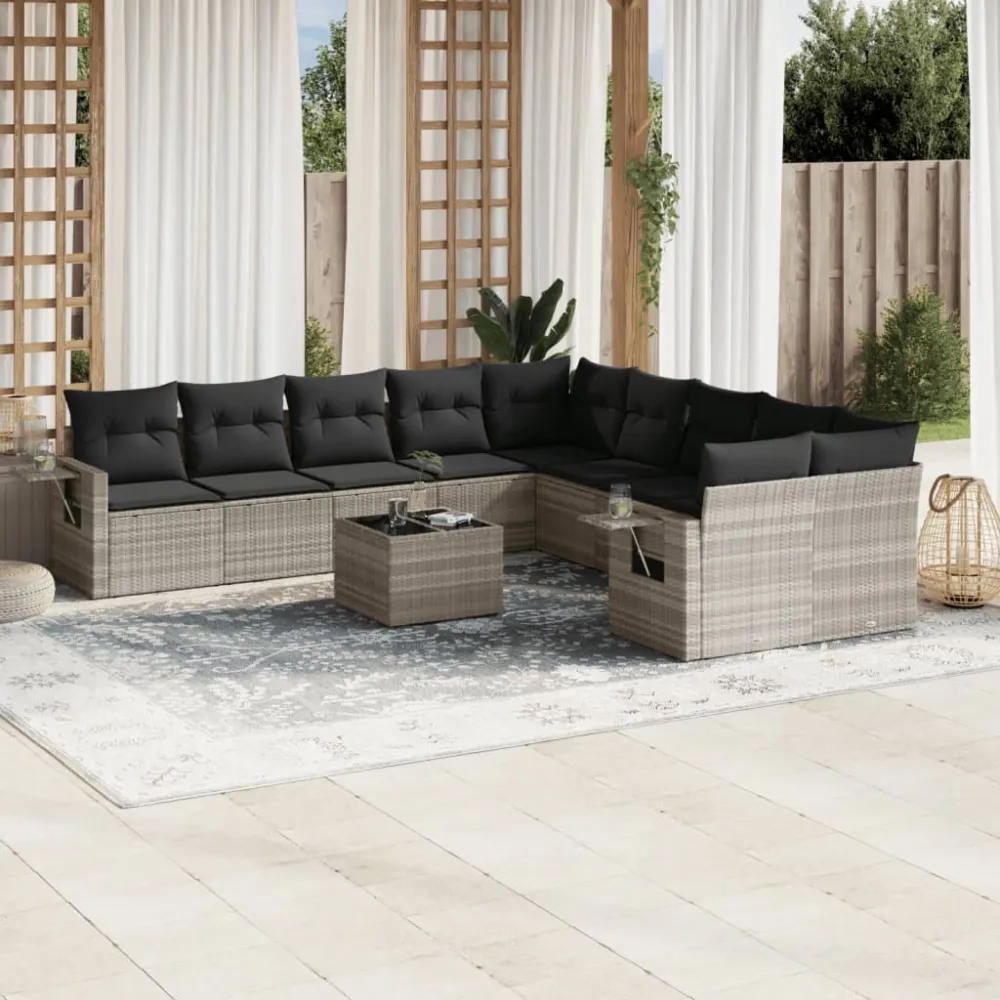 11-delige Loungeset met kussens poly rattan lichtgrijs vidaXL