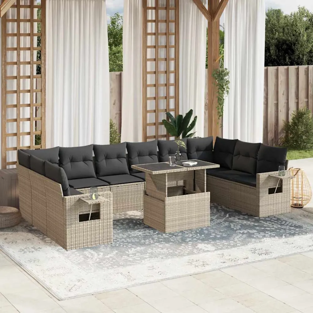 11-delige Loungeset met kussens poly rattan lichtgrijs vidaXL