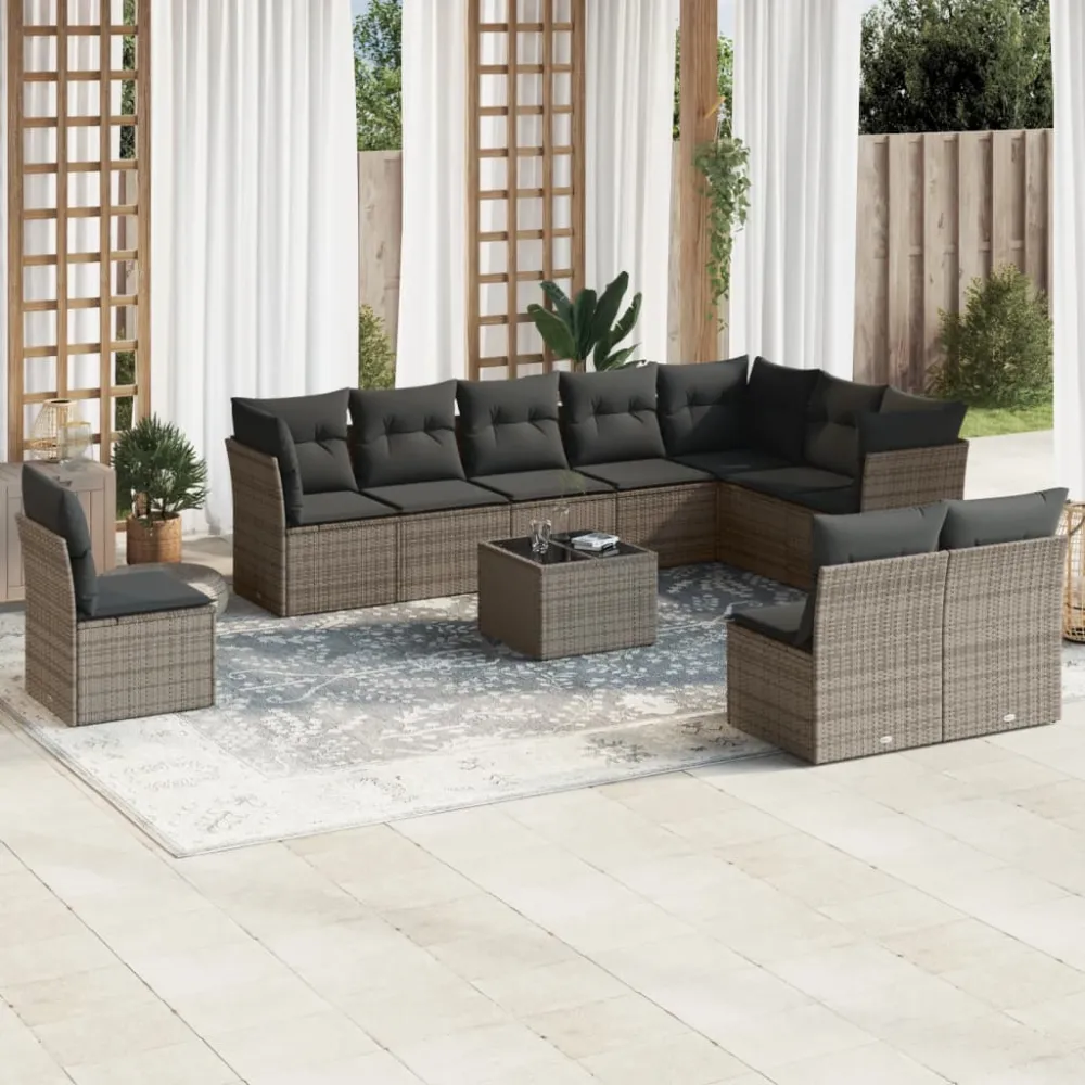 11-delige Loungeset met kussens poly rattan grijs vidaXL