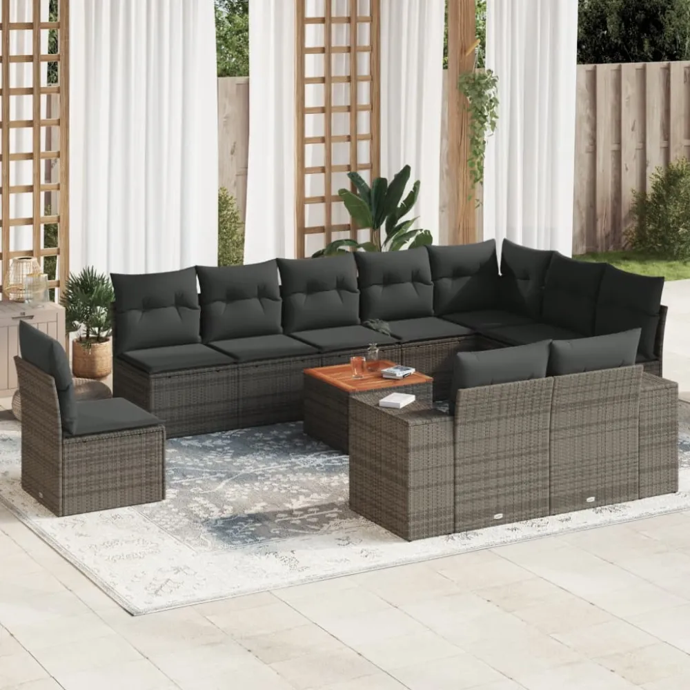 11-delige Loungeset met kussens poly rattan grijs vidaXL