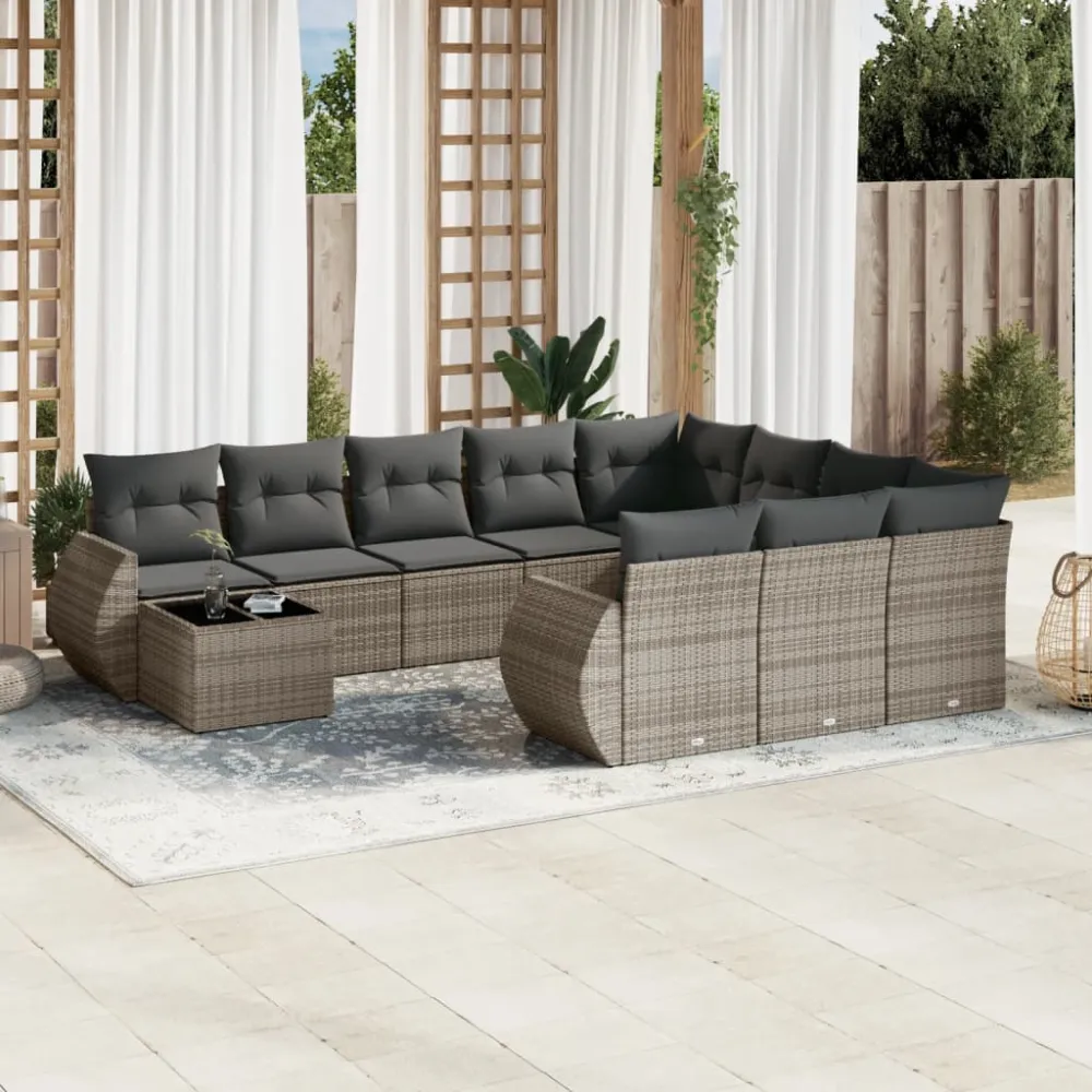11-delige Loungeset met kussens poly rattan grijs vidaXL