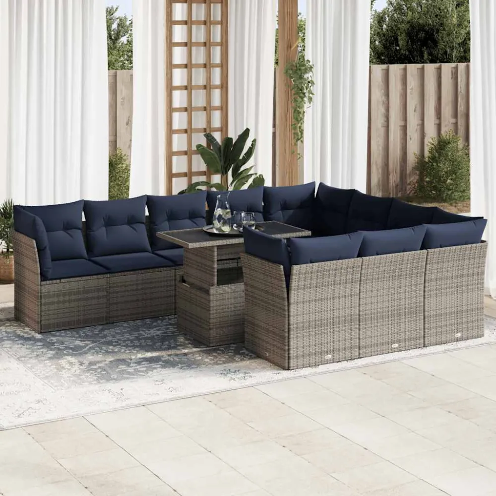 11-delige Loungeset met kussens poly rattan acacia grijs vidaXL