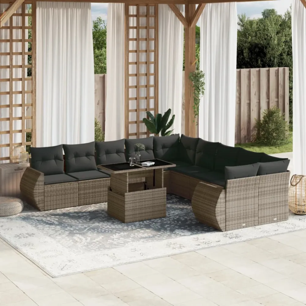 11-delige Loungeset met kussens poly rattan grijs vidaXL