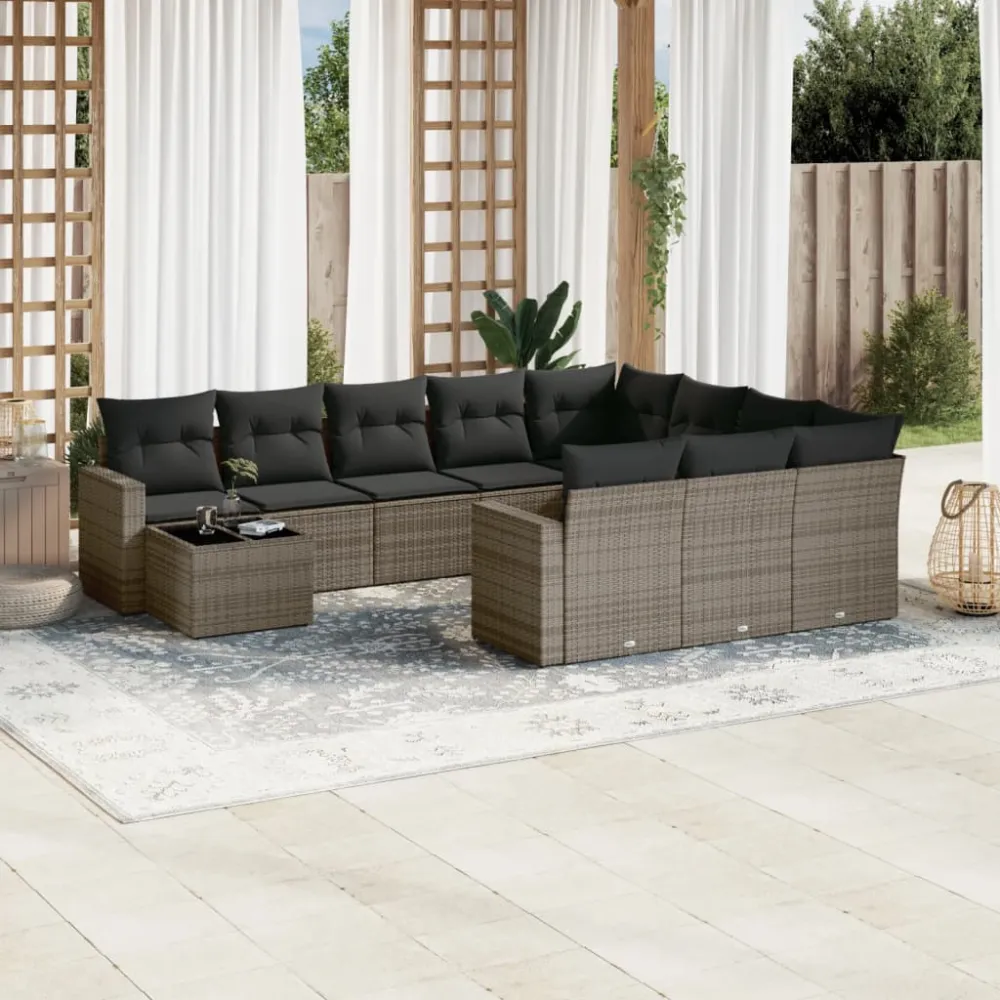 11-delige Loungeset met kussens poly rattan grijs vidaXL