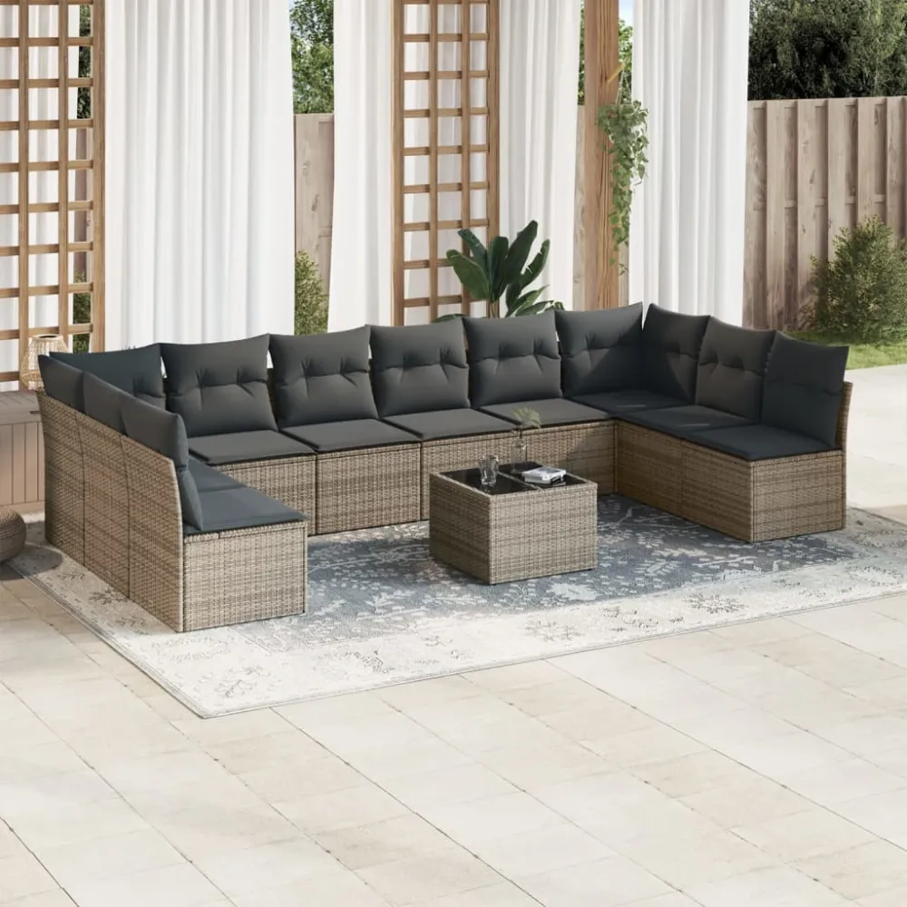 11-delige Loungeset met kussens poly rattan grijs vidaXL