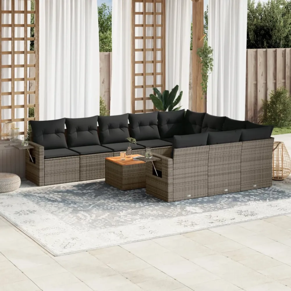 11-delige Loungeset met kussens poly rattan grijs vidaXL