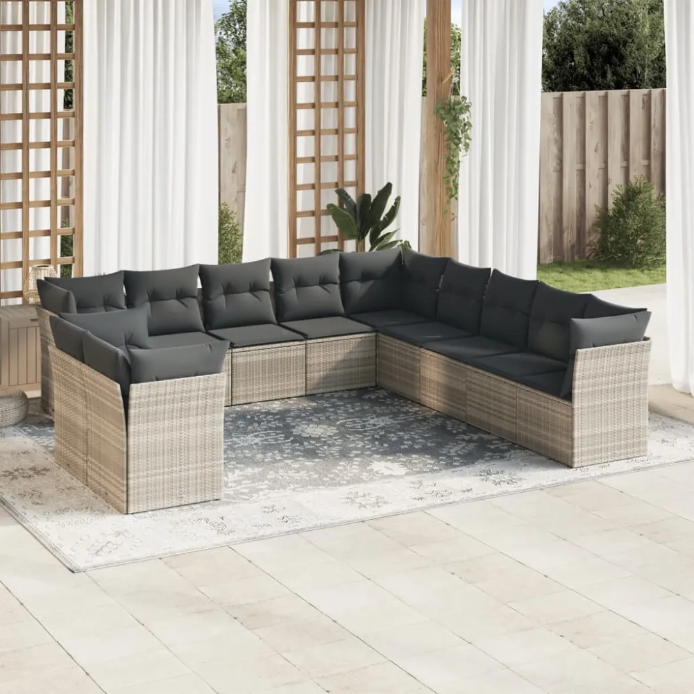 11-delige Loungeset met kussens poly rattan lichtgrijs vidaXL