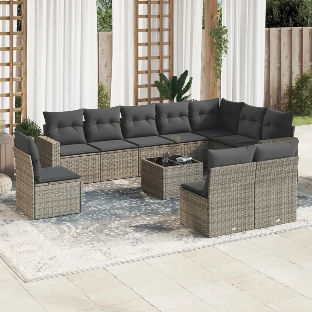 11-delige Loungeset met kussens poly rattan grijs vidaXL