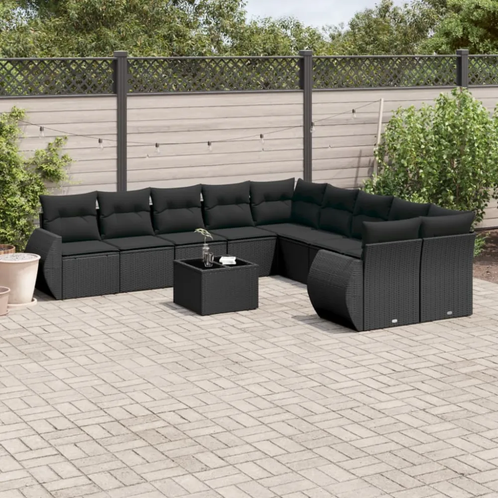 11-delige Loungeset met kussens poly rattan zwart vidaXL