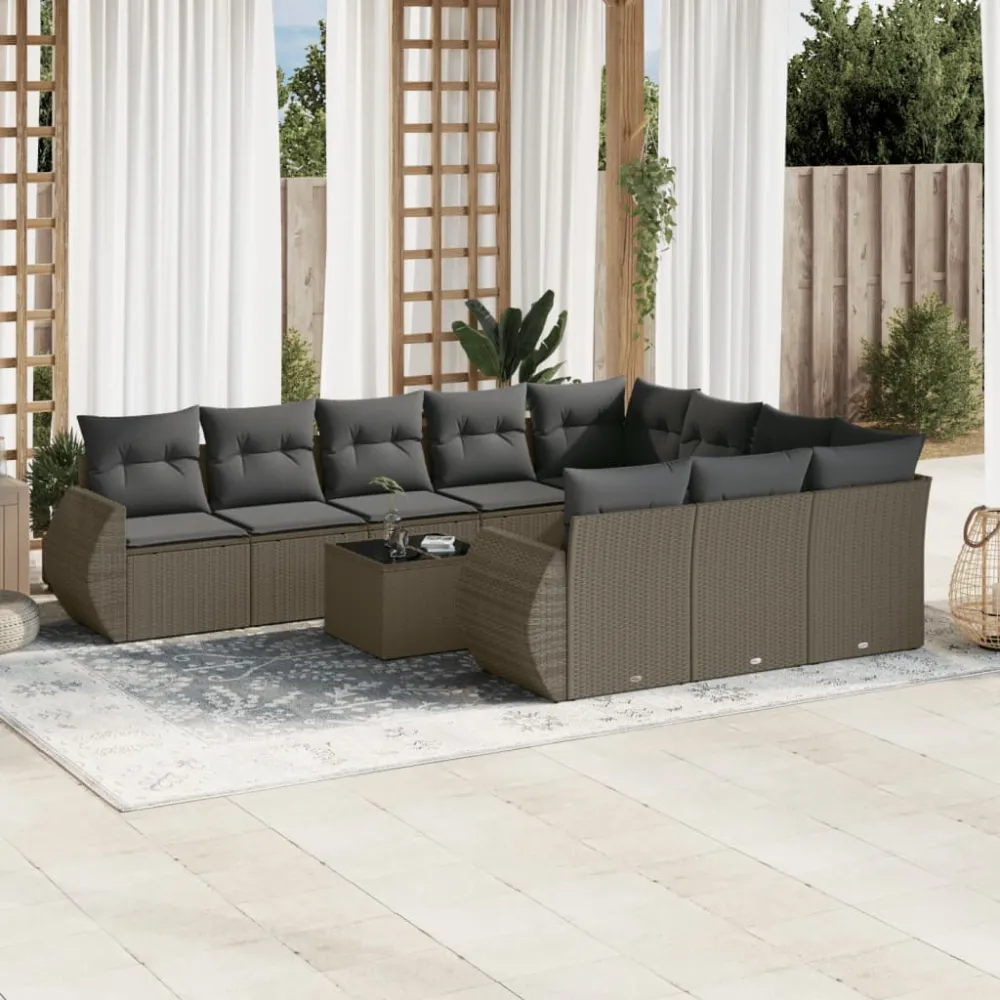 11-delige Loungeset met kussens poly rattan lichtgrijs vidaXL
