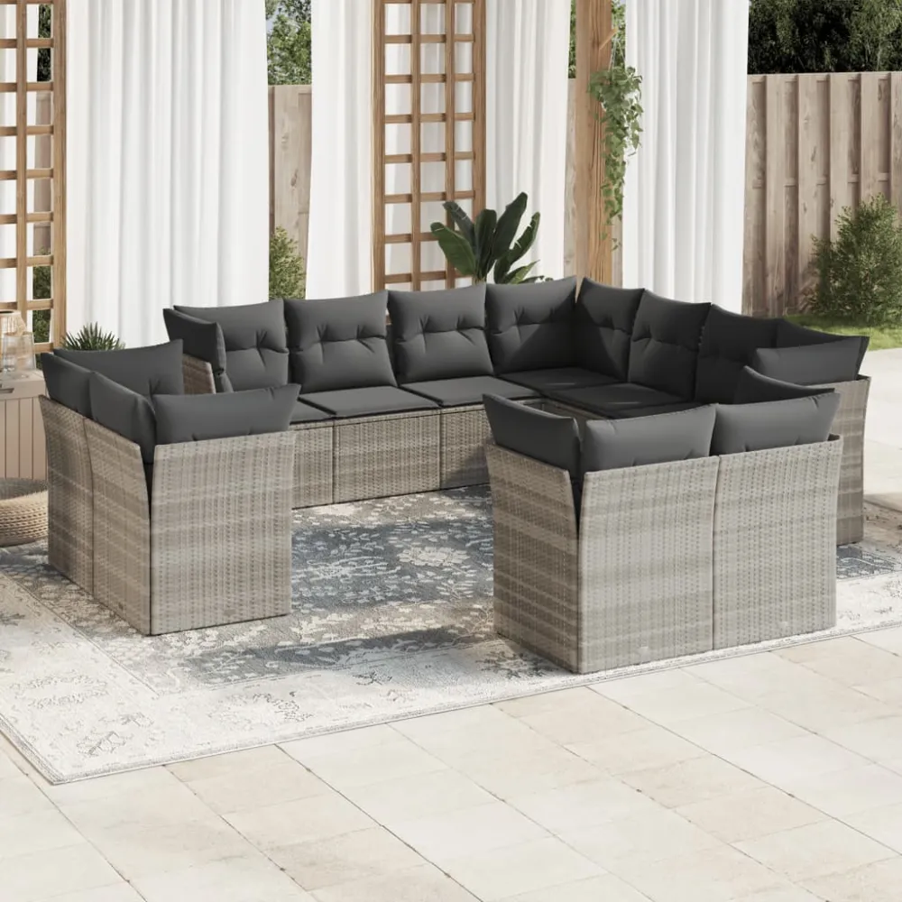 11-delige Loungeset met kussens poly rattan lichtgrijs vidaXL