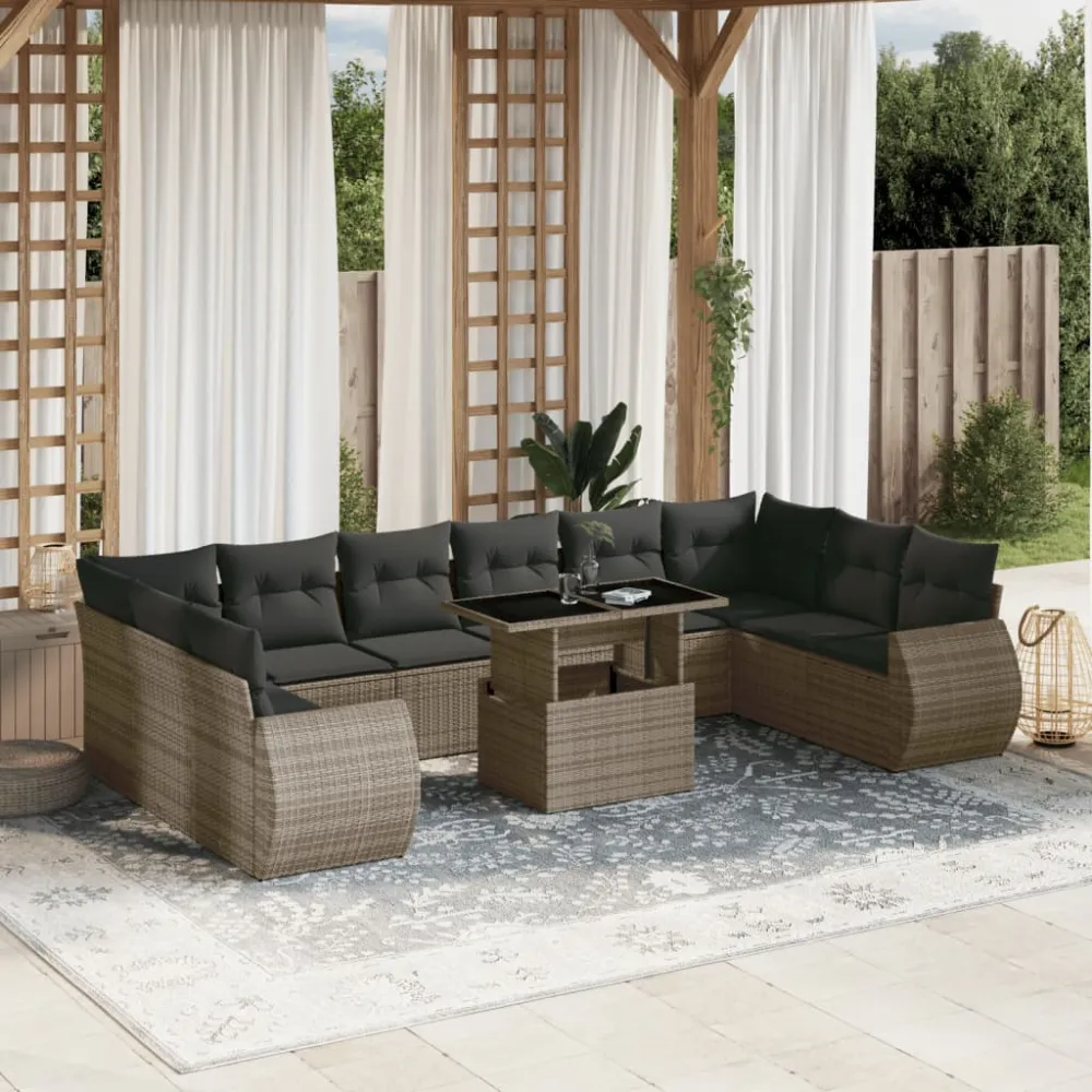 11-delige Loungeset met kussens poly rattan grijs vidaXL