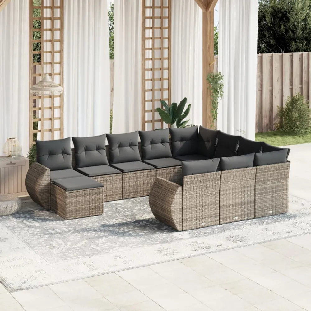 11-delige Loungeset met kussens poly rattan grijs vidaXL