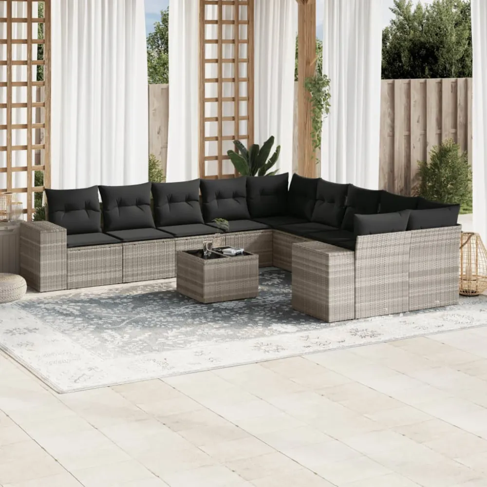 11-delige Loungeset met kussens poly rattan lichtgrijs vidaXL