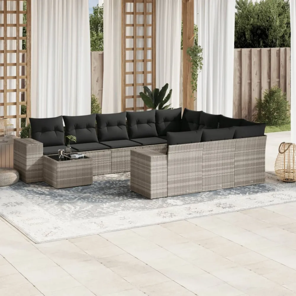 11-delige Loungeset met kussens poly rattan lichtgrijs vidaXL
