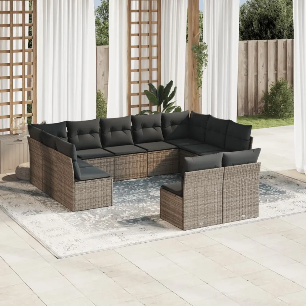 11-delige Loungeset met kussens poly rattan grijs vidaXL