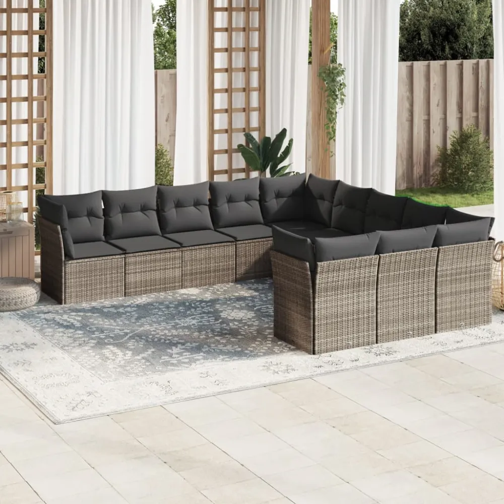 11-delige Loungeset met kussens poly rattan lichtgrijs vidaXL