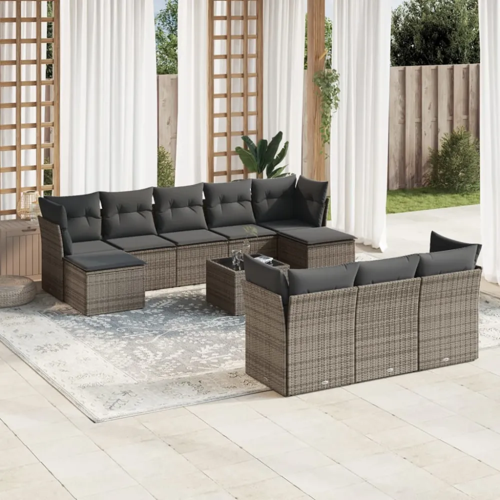 11-delige Loungeset met kussens poly rattan grijs vidaXL