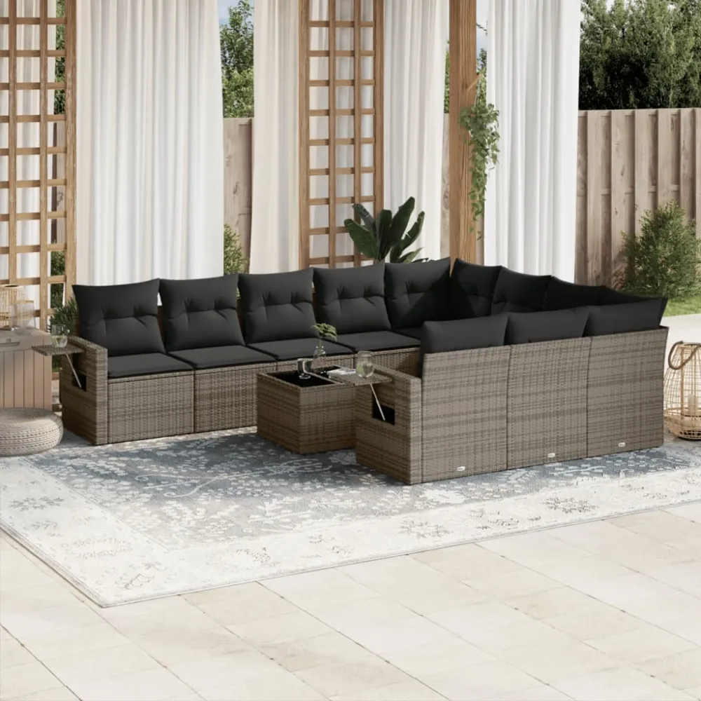 11-delige Loungeset met kussens poly rattan grijs vidaXL