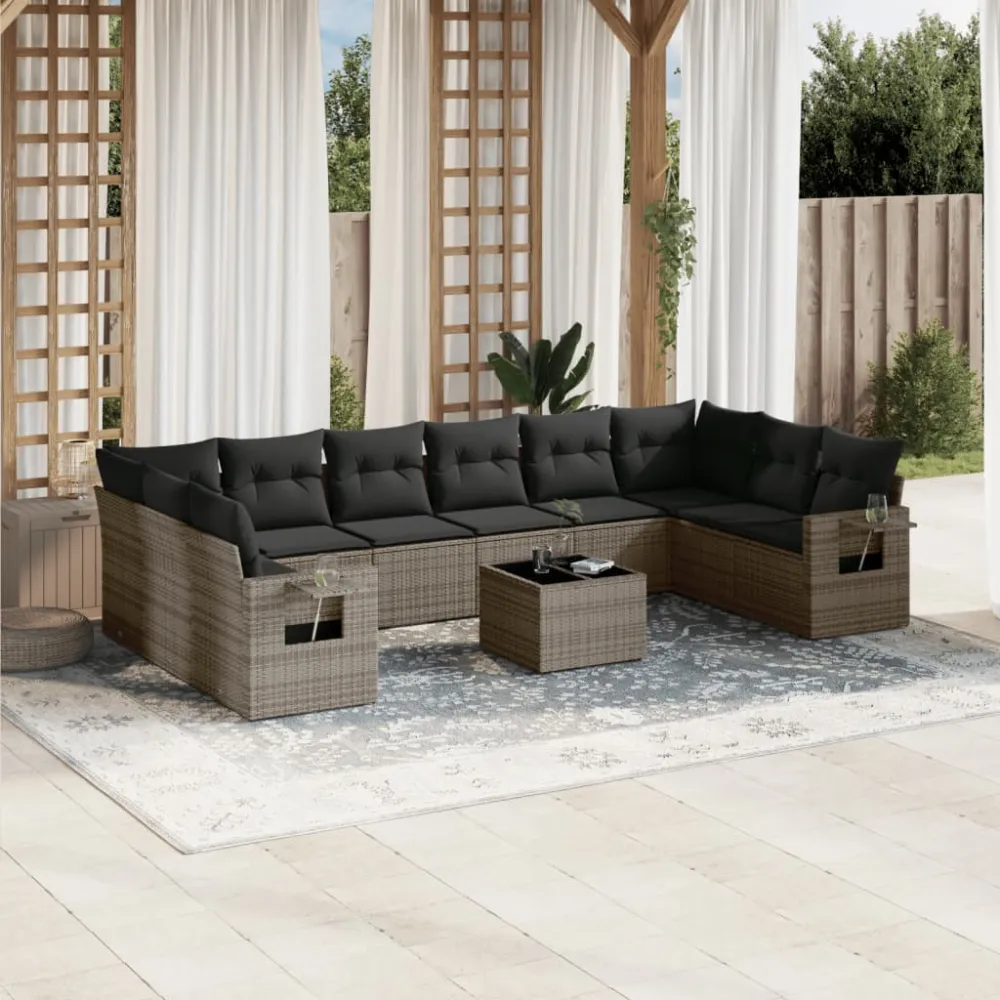 11-delige Loungeset met kussens poly rattan grijs vidaXL