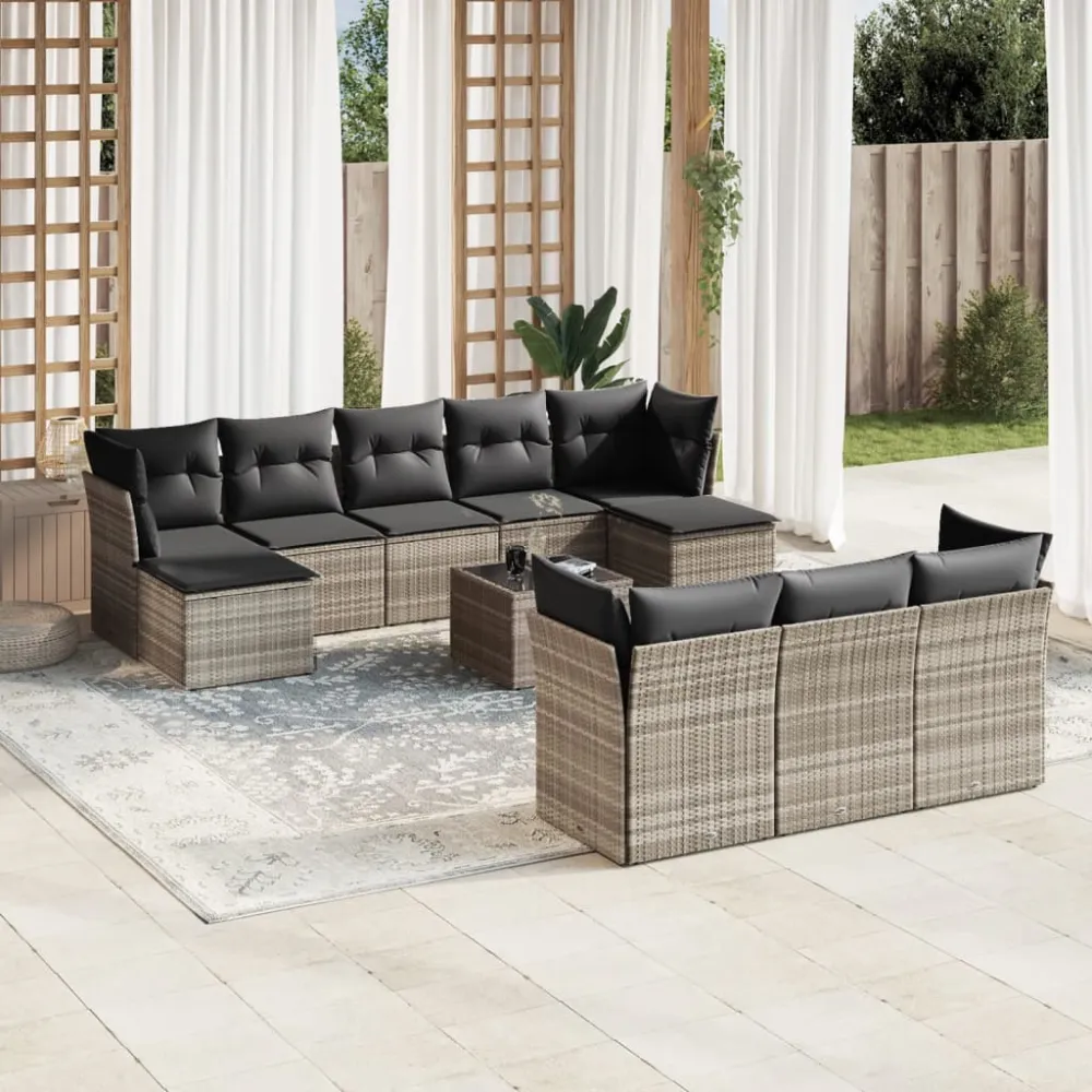 11-delige Loungeset met kussens poly rattan lichtgrijs vidaXL