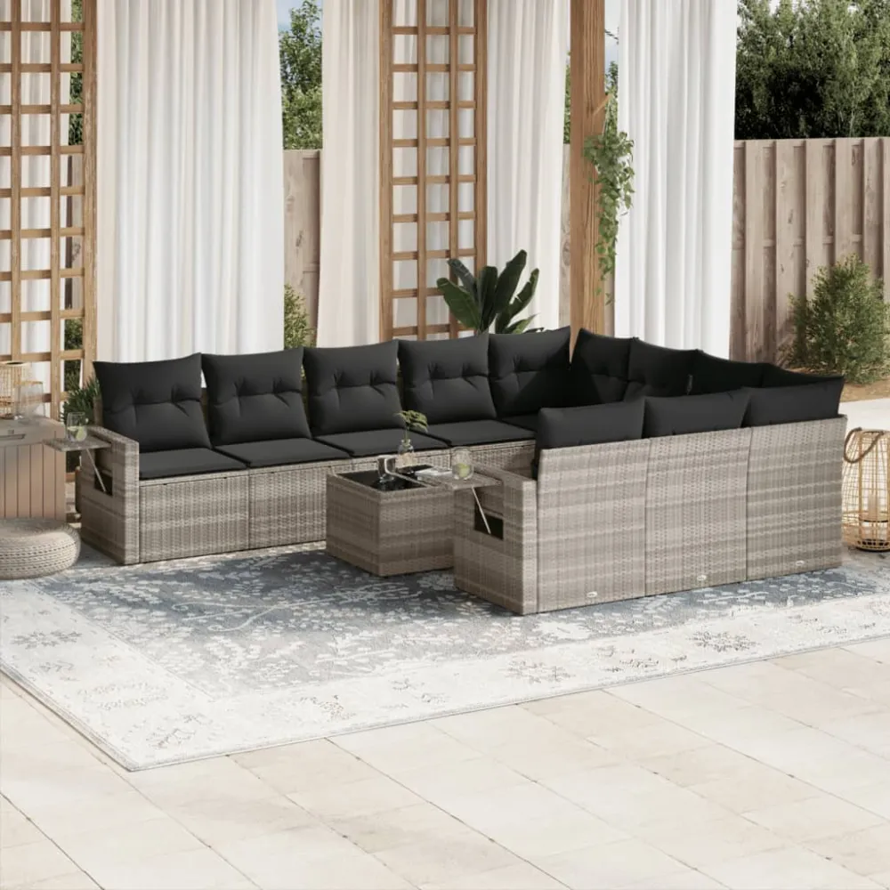 11-delige Loungeset met kussens poly rattan lichtgrijs vidaXL
