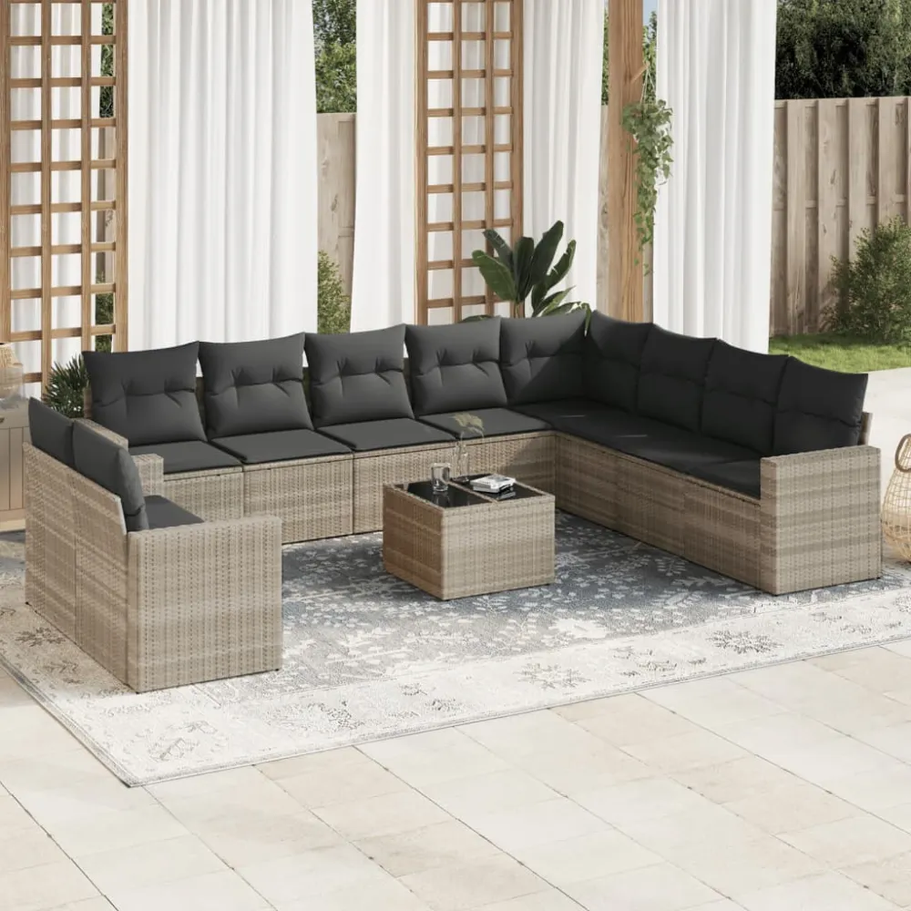 11-delige Loungeset met kussens poly rattan lichtgrijs vidaXL
