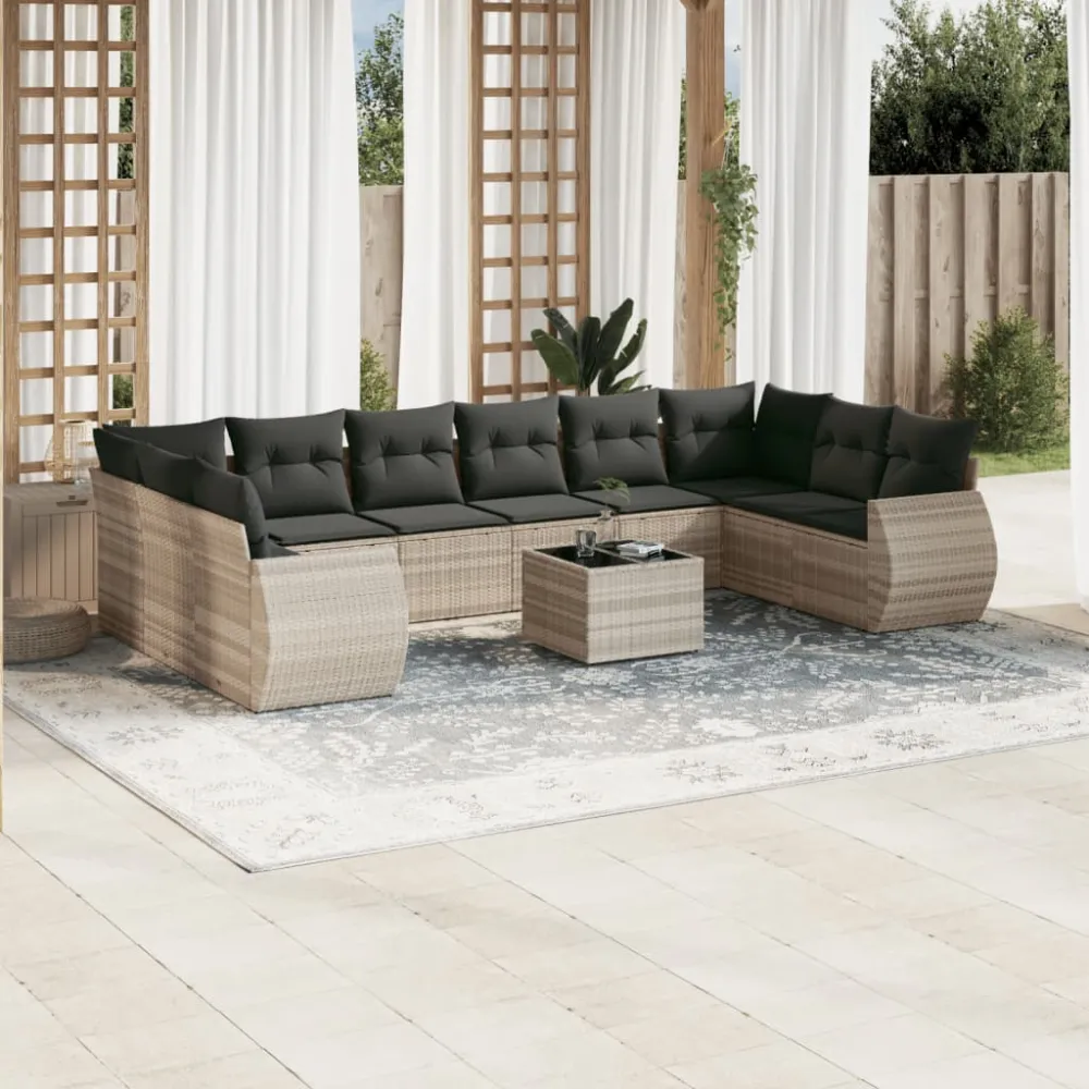 11-delige Loungeset met kussens poly rattan lichtgrijs vidaXL