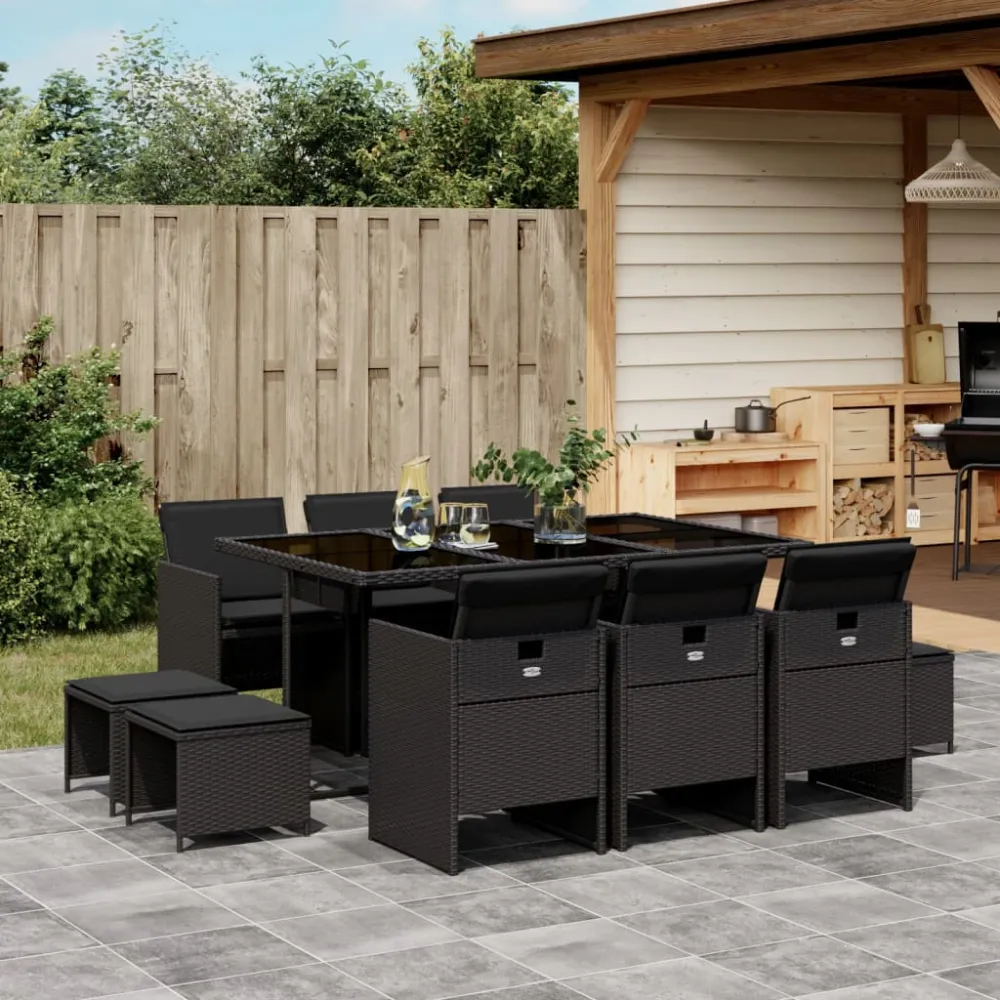 11-delige Tuinset met kussens poly rattan zwart vidaXL