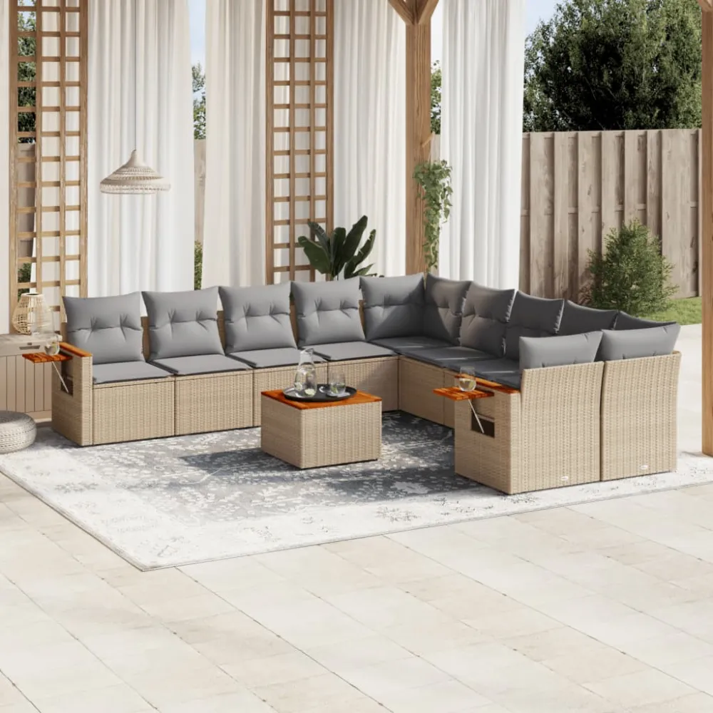 11-delige Tuinset met kussens poly rattan beige vidaXL