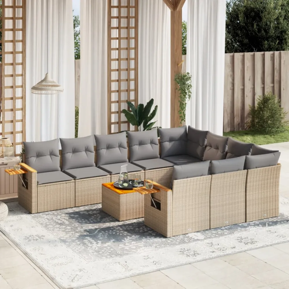 11-delige Tuinset met kussens poly rattan beige vidaXL