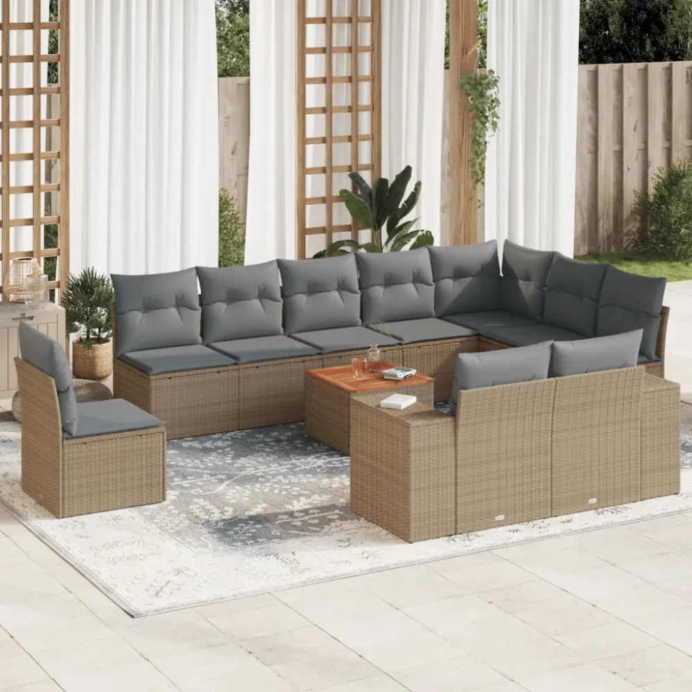 11-delige Tuinset met kussens poly rattan beige vidaXL