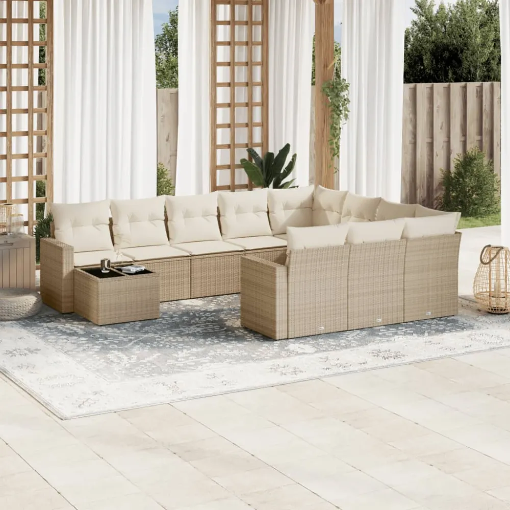 11-delige Tuinset met kussens poly rattan beige vidaXL