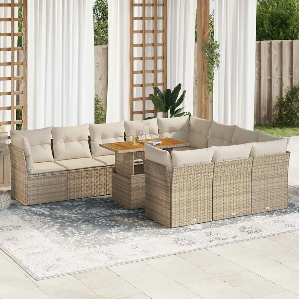 11-delige Tuinset met kussens poly rattan beige vidaXL
