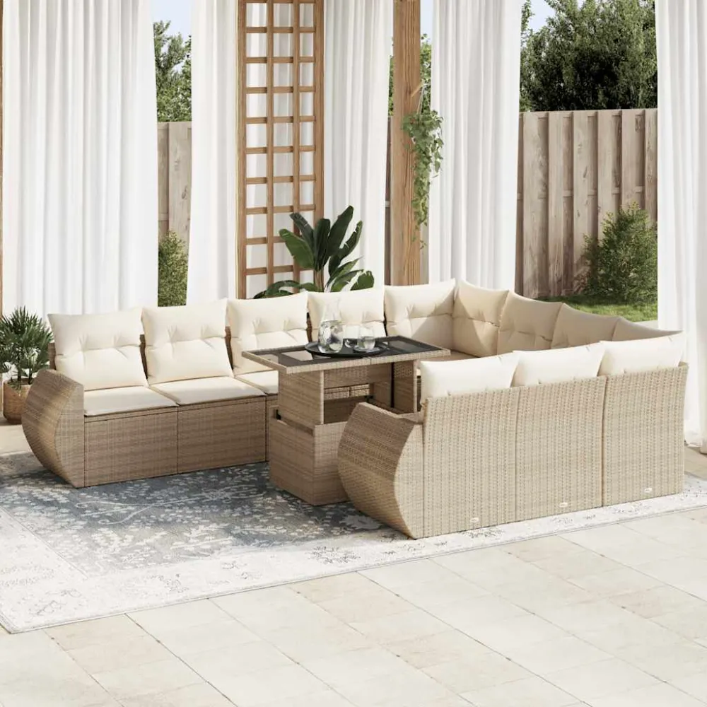 11-delige Tuinset met kussens poly rattan beige vidaXL
