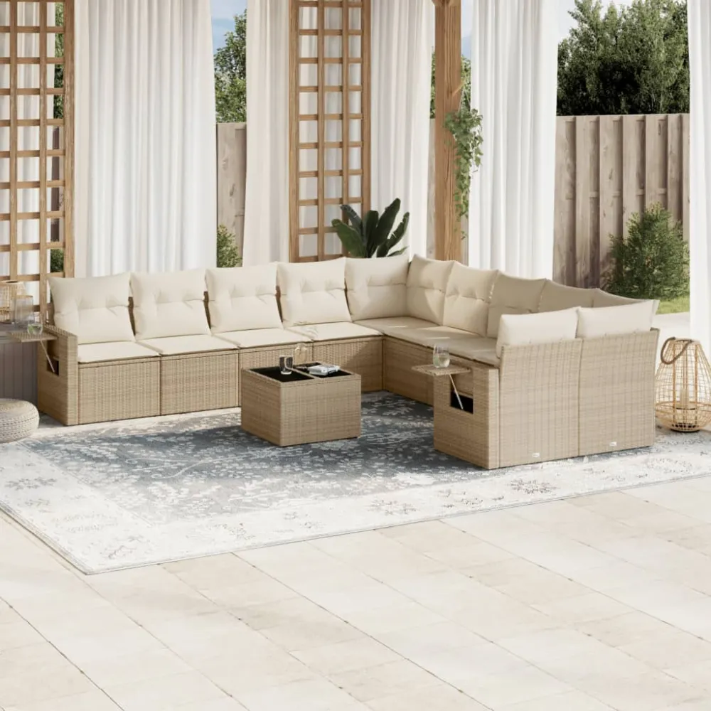 11-delige Tuinset met kussens poly rattan beige vidaXL