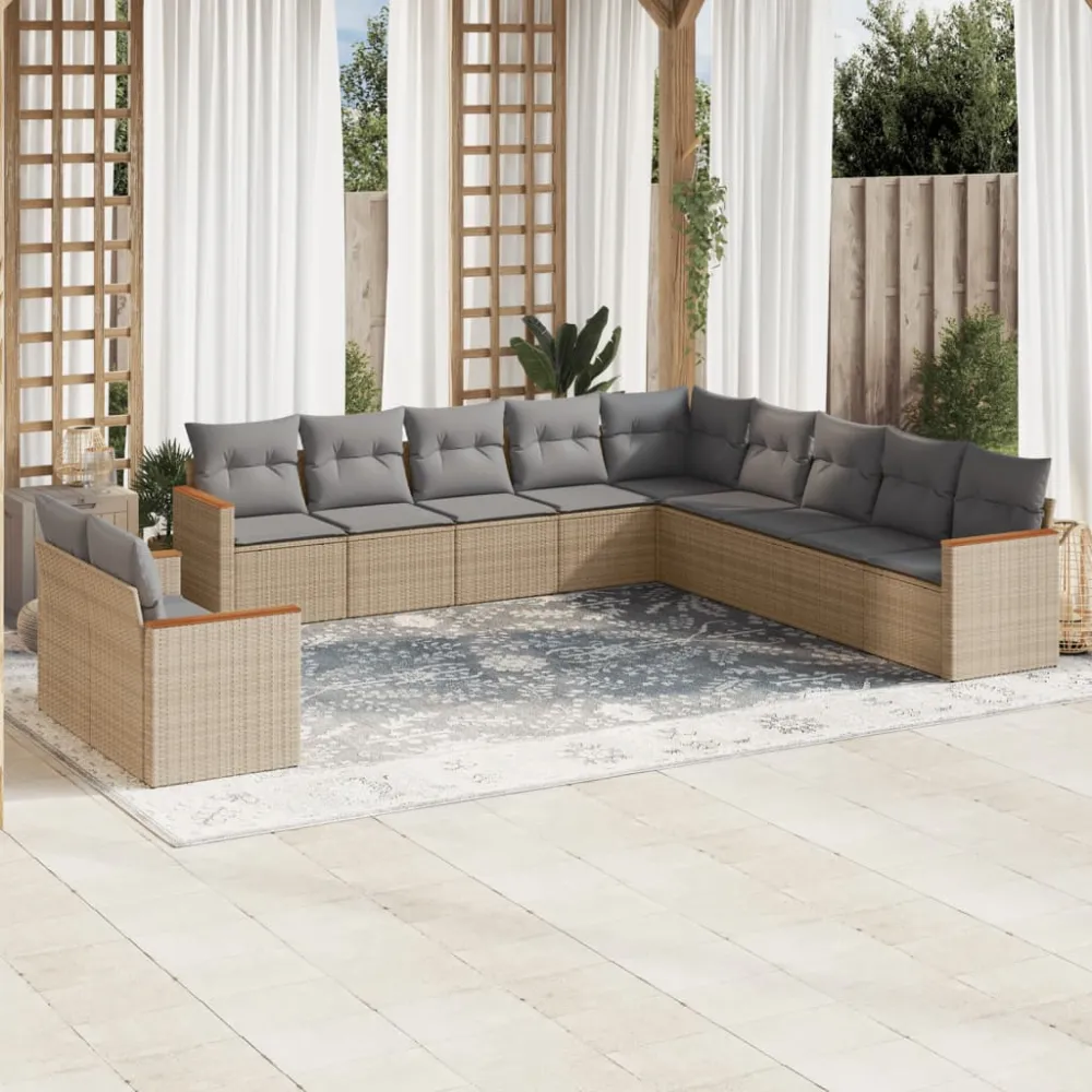 11-delige Tuinset met kussens poly rattan beige vidaXL