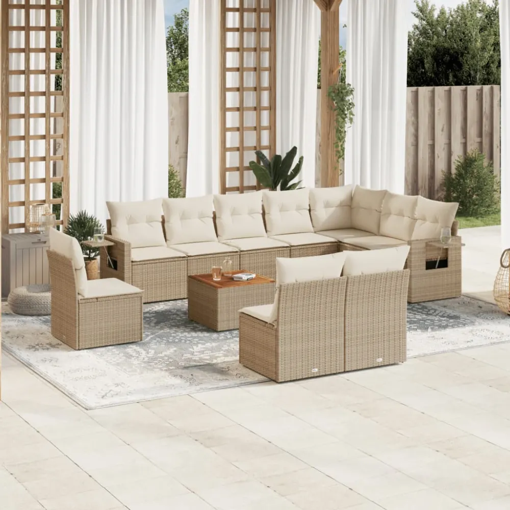 11-delige Tuinset met kussens poly rattan beige vidaXL