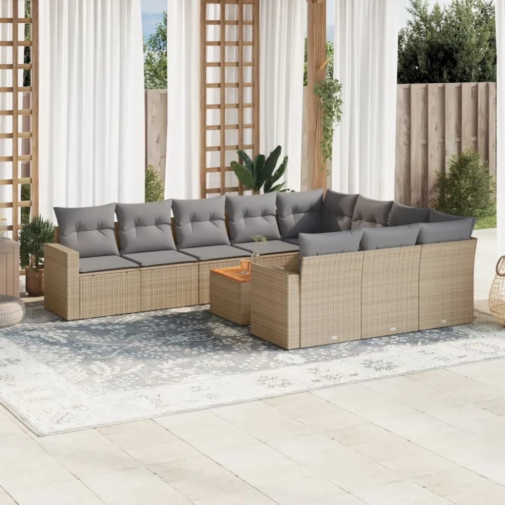 11-delige Tuinset met kussens poly rattan beige vidaXL