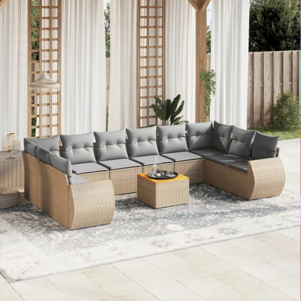 11-delige Tuinset met kussens poly rattan beige vidaXL