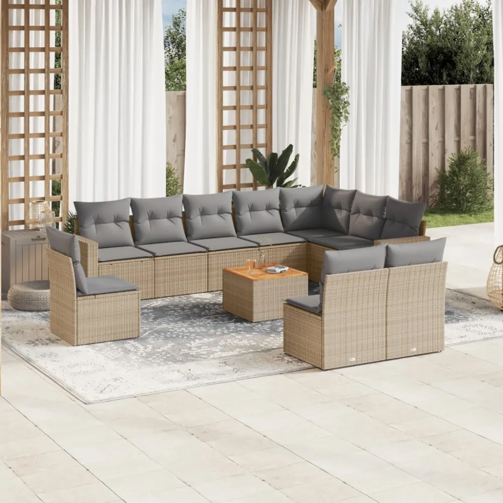 11-delige Tuinset met kussens poly rattan beige vidaXL