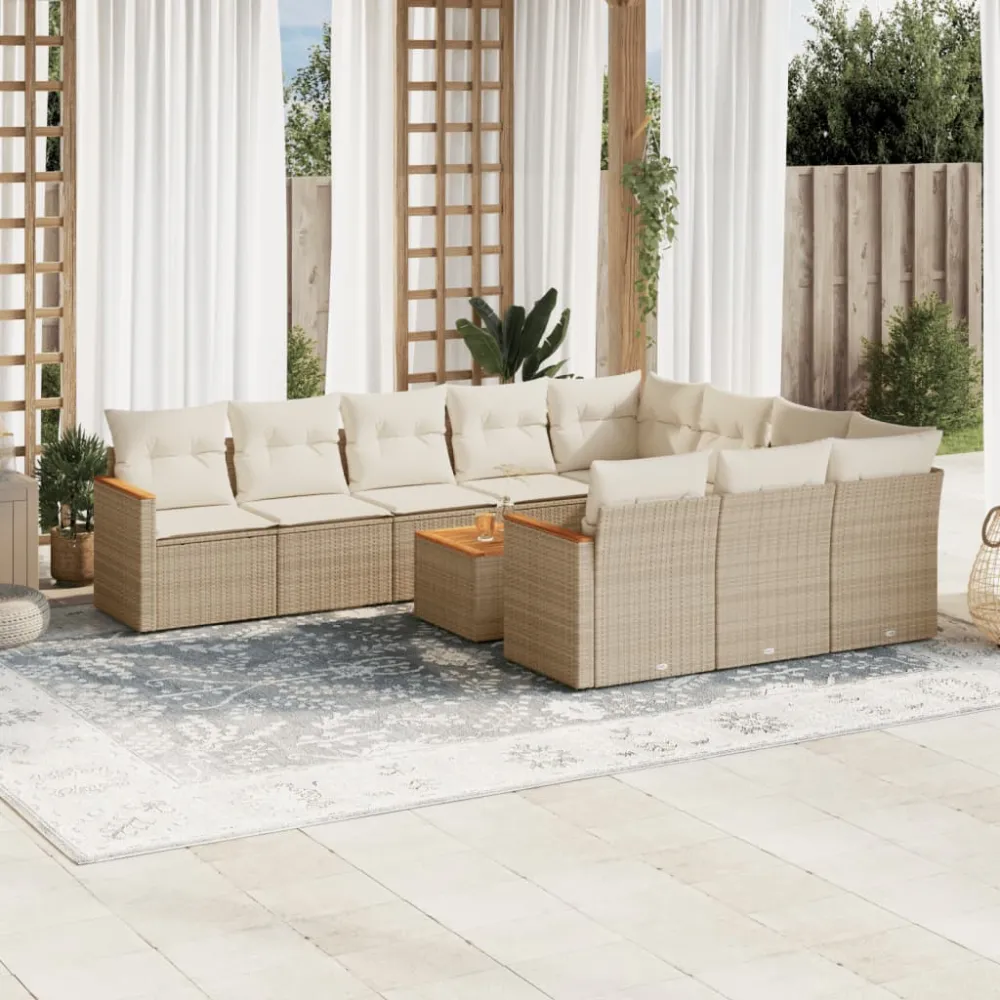11-delige Tuinset met kussens poly rattan beige vidaXL