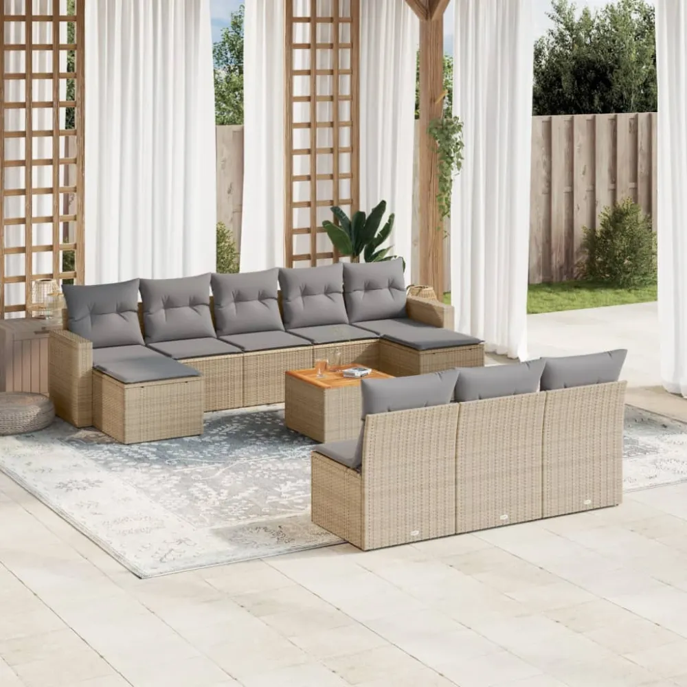 11-delige Tuinset met kussens poly rattan beige vidaXL