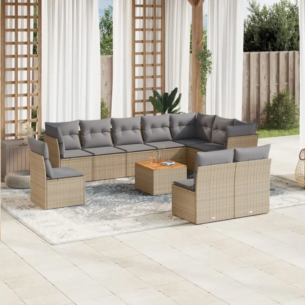 11-delige Tuinset met kussens poly rattan beige vidaXL