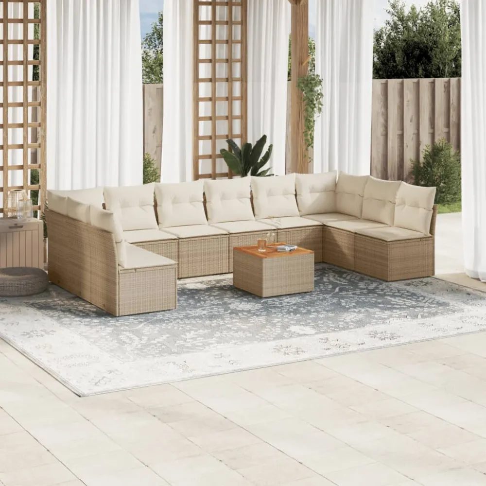 11-delige Tuinset met kussens poly rattan beige vidaXL