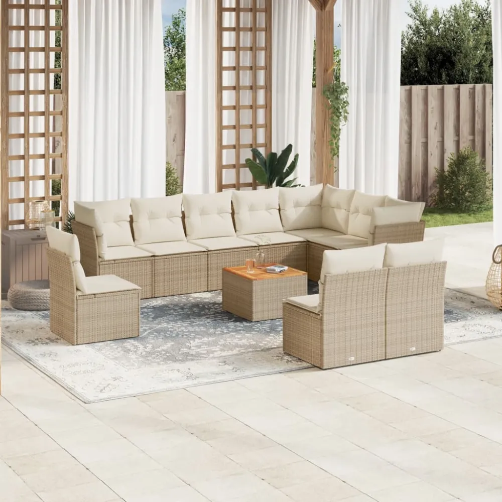 11-delige Tuinset met kussens poly rattan beige vidaXL