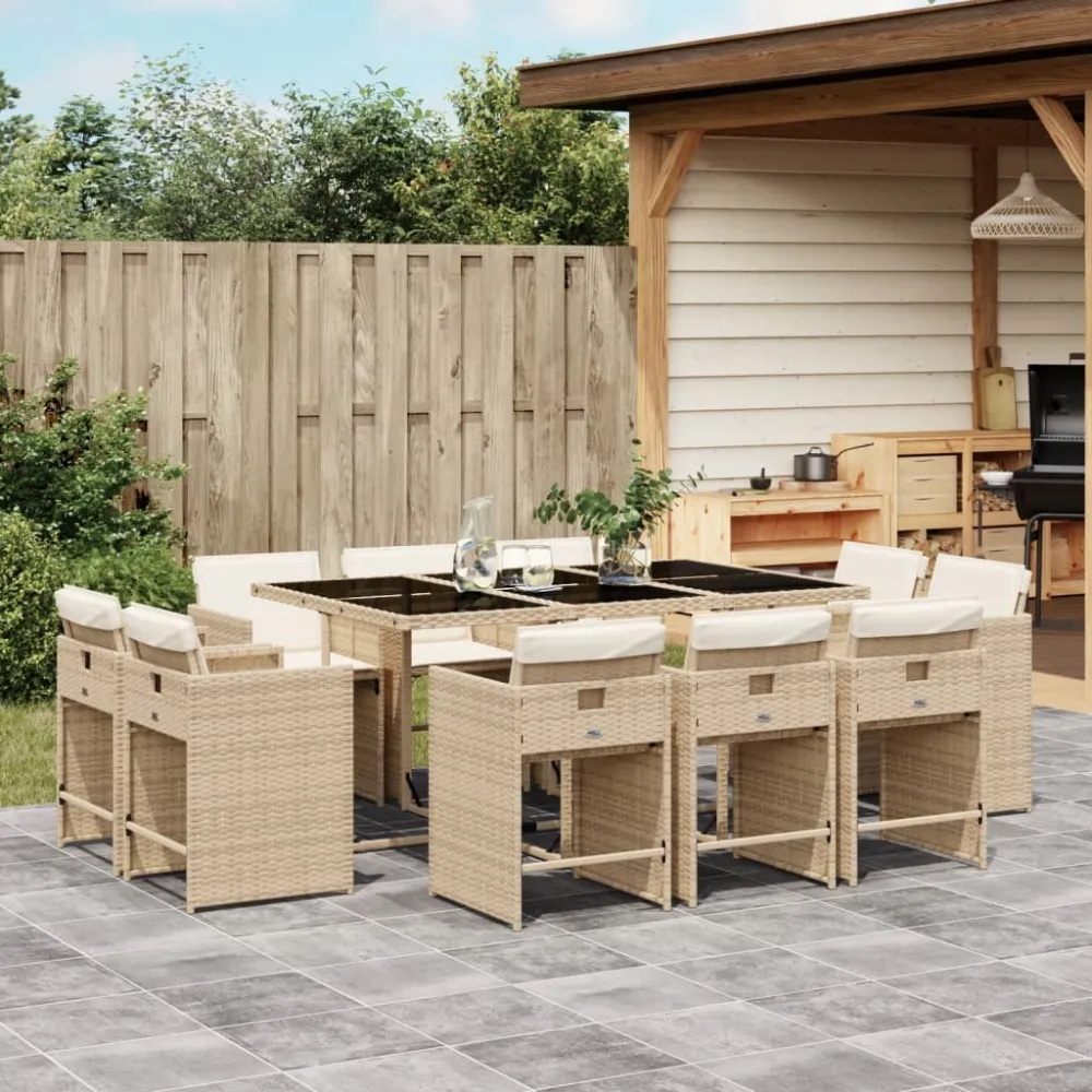 11-delige Tuinset met kussens poly rattan beige vidaXL