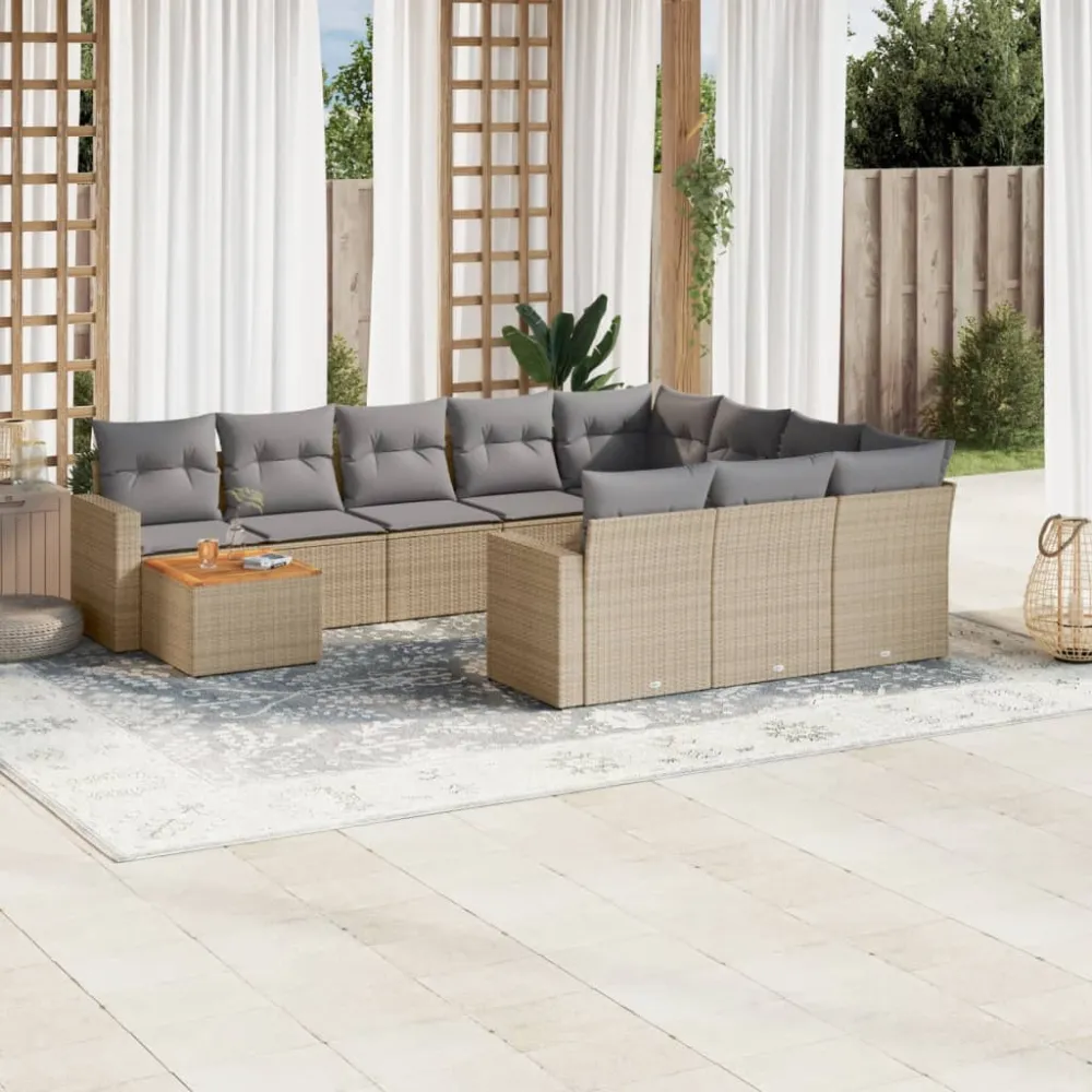 11-delige Tuinset met kussens poly rattan beige vidaXL