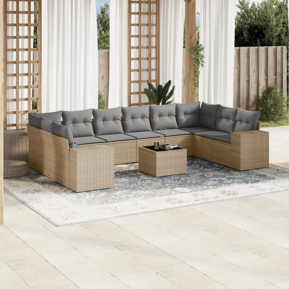 11-delige Tuinset met kussens poly rattan beige vidaXL