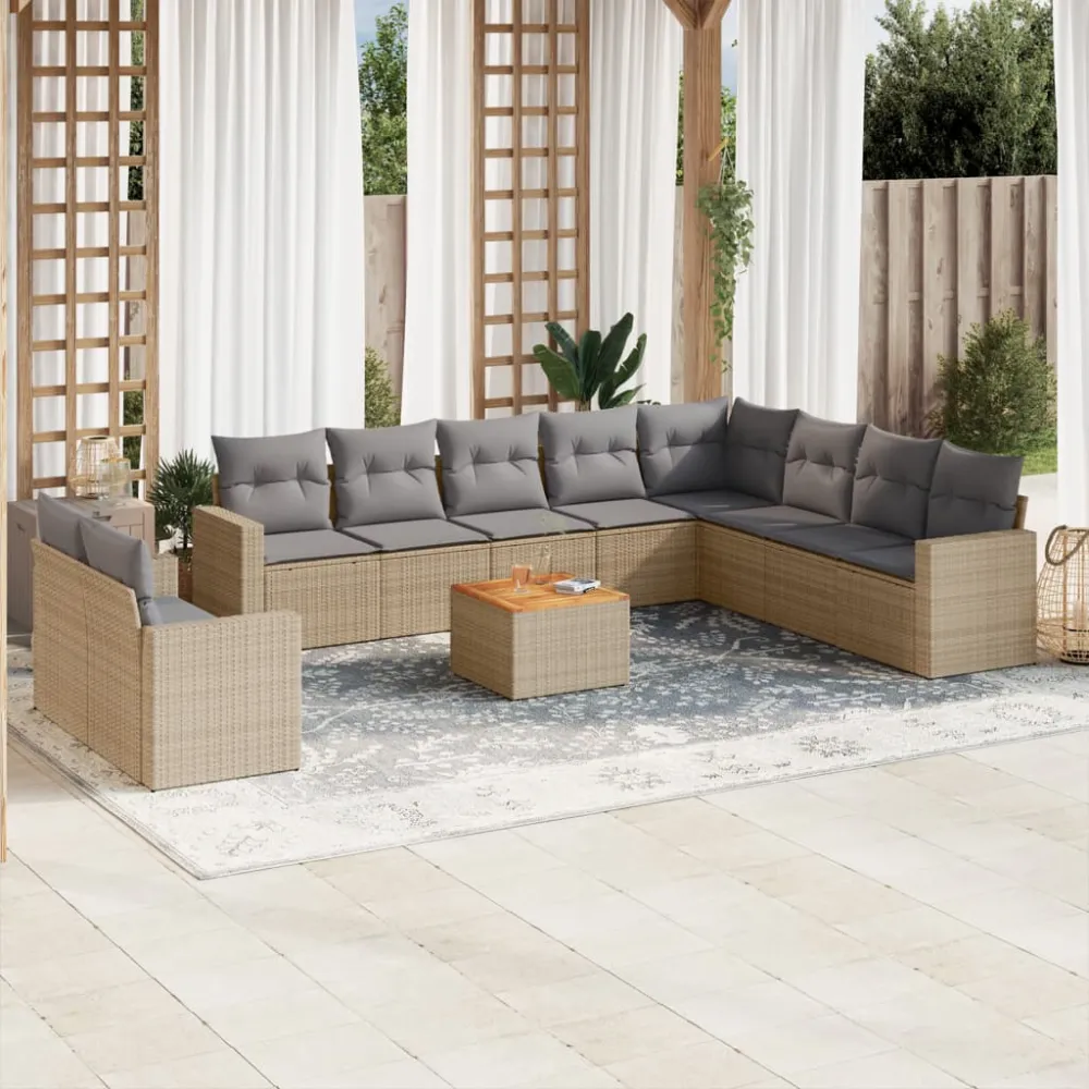 11-delige Tuinset met kussens poly rattan beige vidaXL